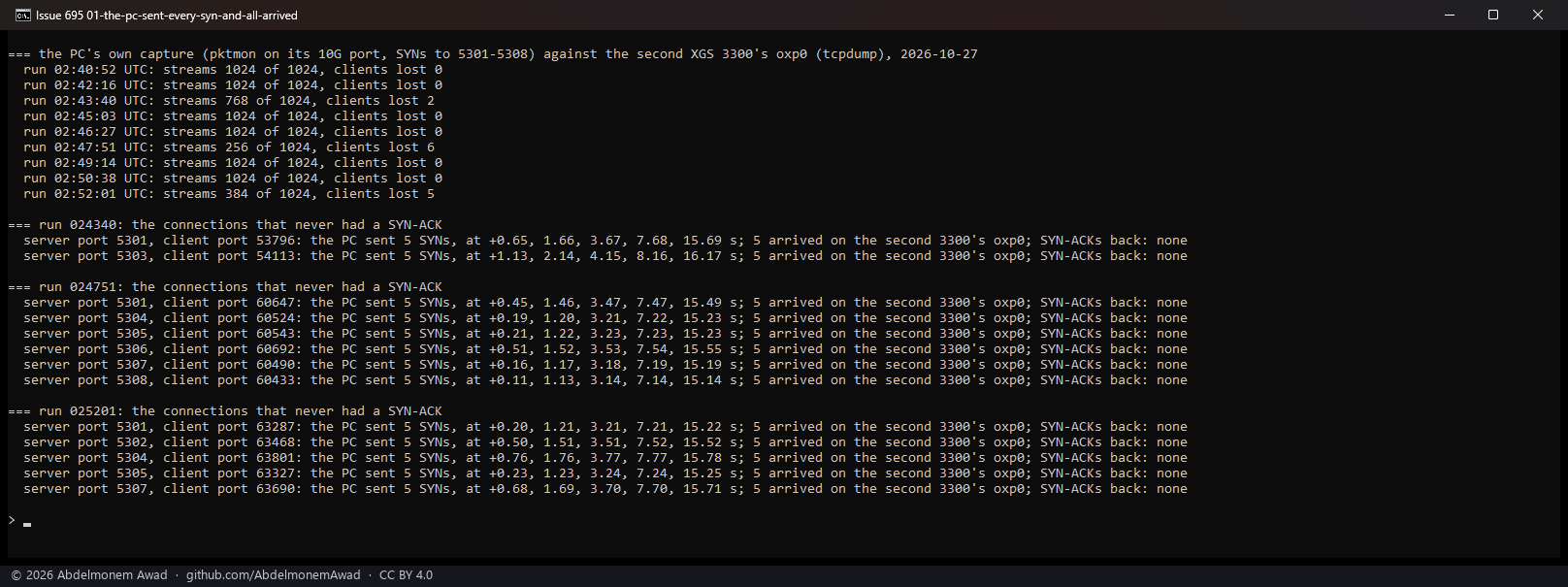 The PC's capture against the second XGS 3300's oxp0, nine runs of 2026-10-27: three with lost clients (2, 6 and 5); for each of the thirteen lost connections the PC sent five SYNs at about 0, 1, 3, 7 and 15 s, all five arrived on the second 3300's oxp0, and no SYN-ACK came back