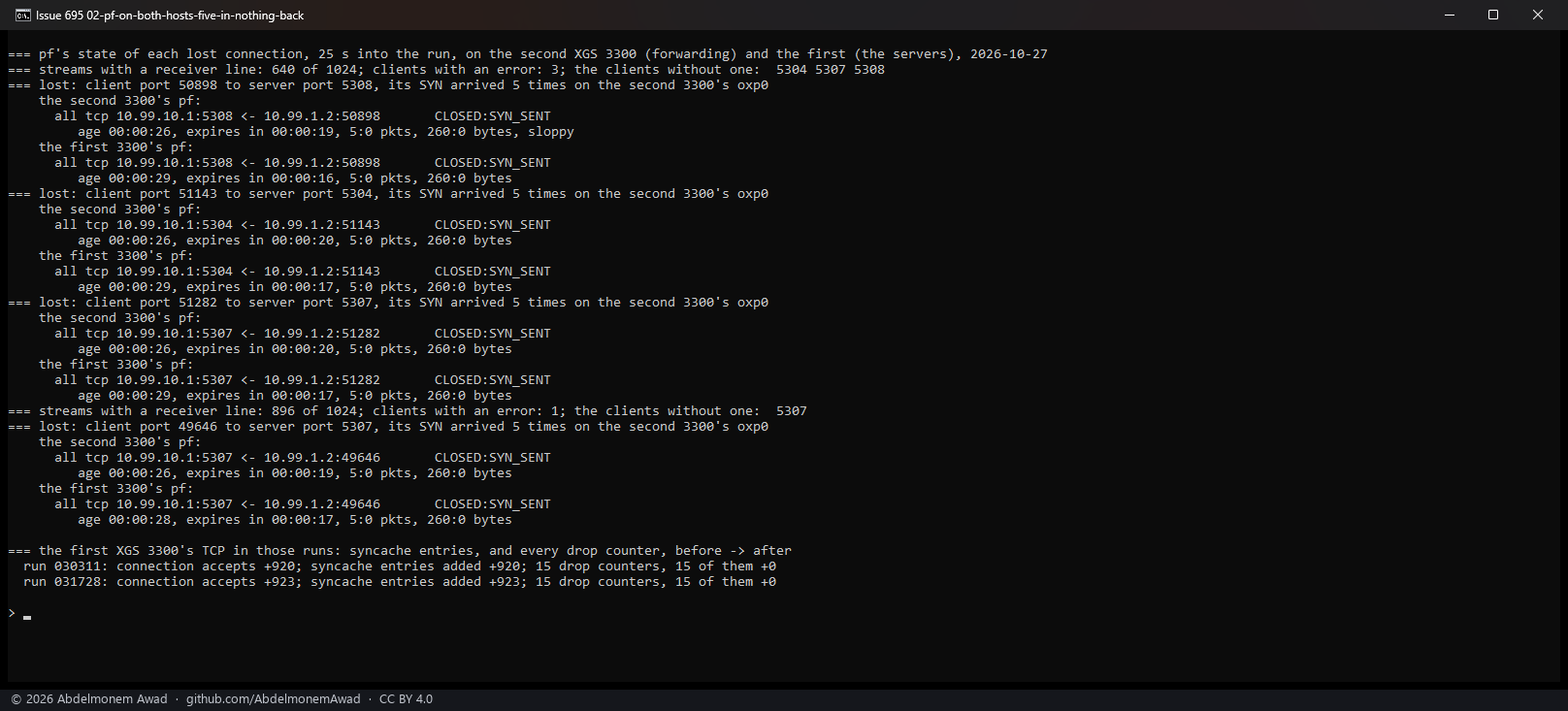 pf's state of each lost connection 25 s into the run, on both XGS 3300s: CLOSED:SYN_SENT, 5:0 packets on each; the first 3300's TCP in those runs: syncache entries the same as connections accepted, fifteen drop counters all +0