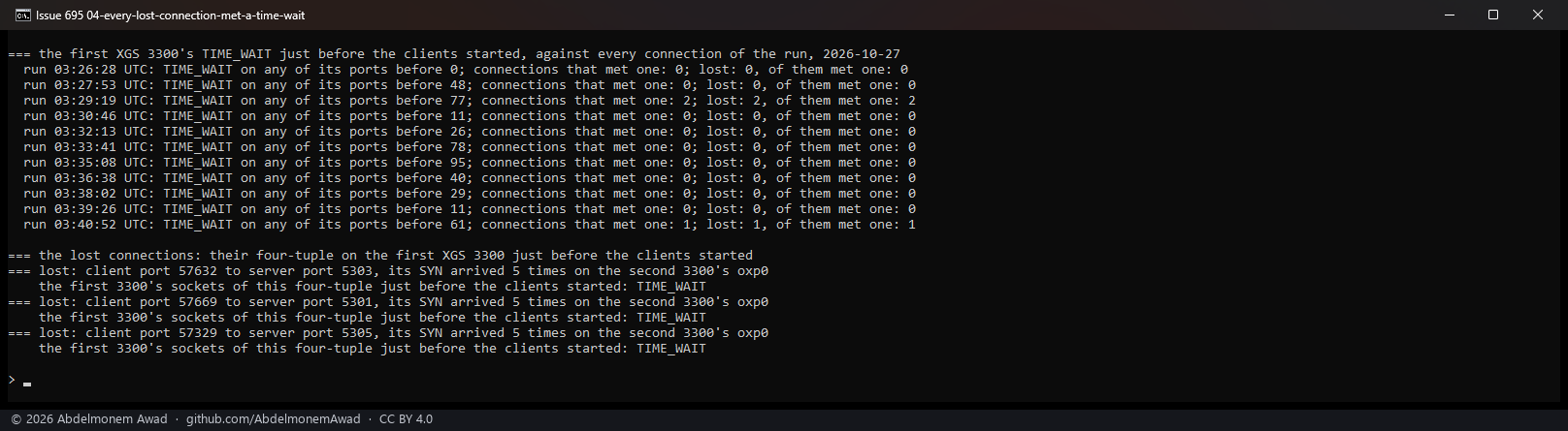 The first XGS 3300's TIME_WAIT just before the clients started, eleven runs: three connections met one, in the runs of 03:29 and 03:40 UTC, and they were the three lost; the lost connections' four-tuples were in TIME_WAIT on the first 3300 before their run