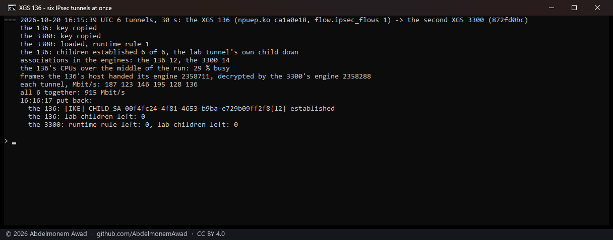 Six IPsec tunnels at once through the XGS 136: 6 of 6 established, 12 associations in its engine, 915 Mbit/s together