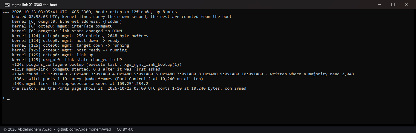 XGS 3300, the third boot of three: oxmgmt0 made at second 6 and down; the link started at second 125, the boot hook at 124; the switch's jumbo frames written and confirmed at 134 and 136; the coprocessor answering at 169.254.254.2 at second 149