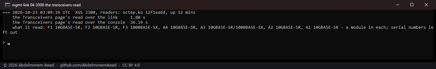 XGS 3300, the Transceivers page's read: 1.80 seconds over the link, 36.19 over the console; seven modules read, in F1, F2, F3 and A1 to A4