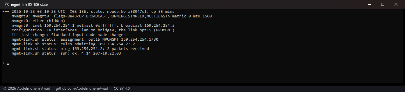 XGS 136, npuep.ko a38947c1, with the scripts that now serve both families: mvmgmt0 with 169.254.254.1/30, 18 interfaces with lan on bridge0 and the link as opt15 (NPUMGMT), the two rules, ping and ssh answered