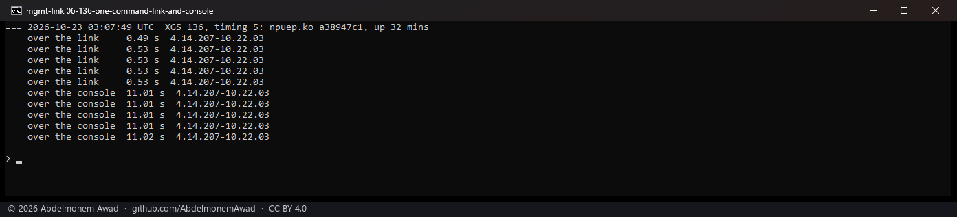 XGS 136, one command on the coprocessor: 0.49 to 0.53 seconds over the link, 11.01 to 11.02 over the console