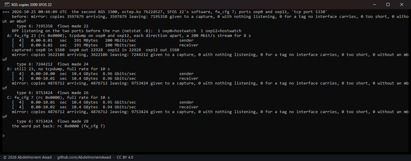 The second XGS 3300 over SFOS 22's software, after a boot with the setting on: tcpdump counted 22,928 replies but only 1,560 of the stream's data frames; 1,254,606 copies a direction at 8.96 Gbit/s, 8.94 Gbit/s without