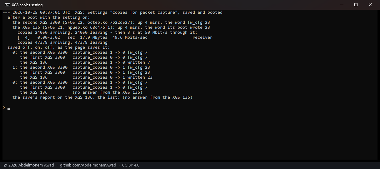 The second XGS 3300 and the XGS 136 after a boot with the setting on: the word 23 written by the boot on both, and 23,328 copies a direction over a 3-second stream through the XGS 136; then the setting saved off, on and off on the three boards, the word 7, 23, 7