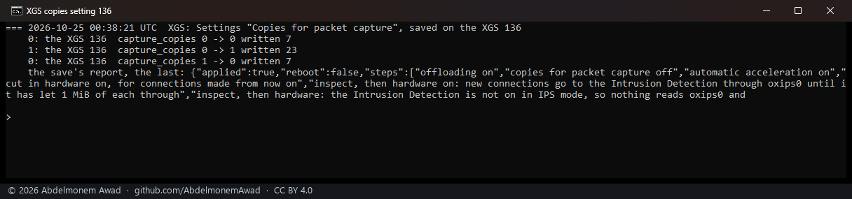 The XGS 136's saves, after two of its connections did not answer in the run above: off, on, off - the word 7, 23, 7 - and the save's report
