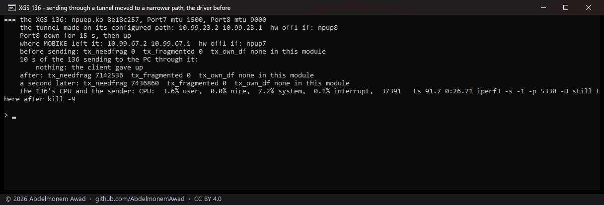 The XGS 136 on its driver before, npuep.ko 8e18c257: the tunnel moved to 10.99.67.x on Port7, nothing arrives, tx_needfrag 7,142,536 and 294,324 more a second later, the sender at 91.7 % of a CPU and still there after kill -9