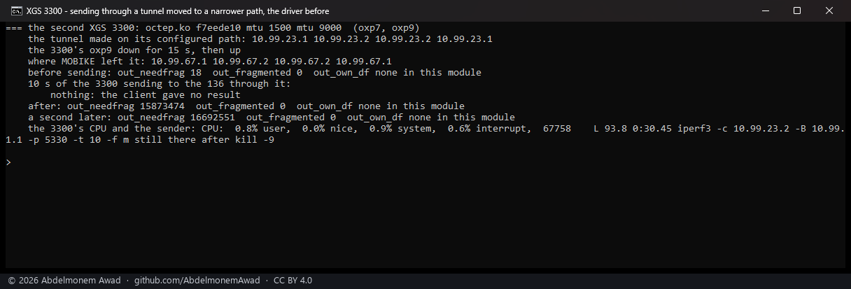 The second XGS 3300 on its driver before, octep.ko f7eede10: the tunnel moved to 10.99.67.x, nothing arrives, out_needfrag 15,873,474 and 819,077 more a second later, the sender at 93.8 % of a CPU and still there after kill -9