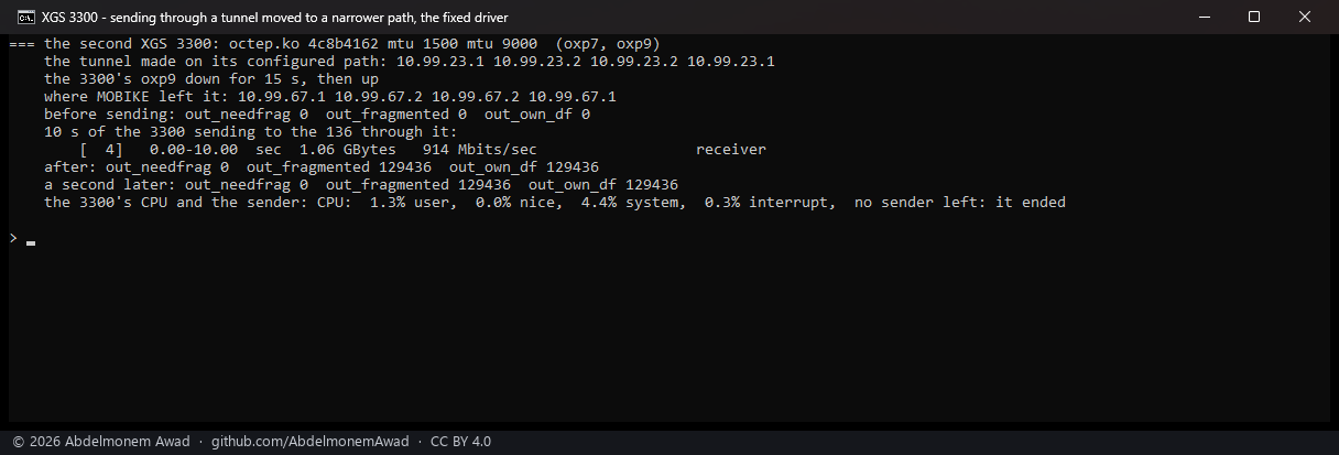 The second XGS 3300 on the fixed driver, octep.ko 4c8b4162: the same move, 914 Mbit/s, out_own_df 129,436, out_needfrag 0, the sender ended