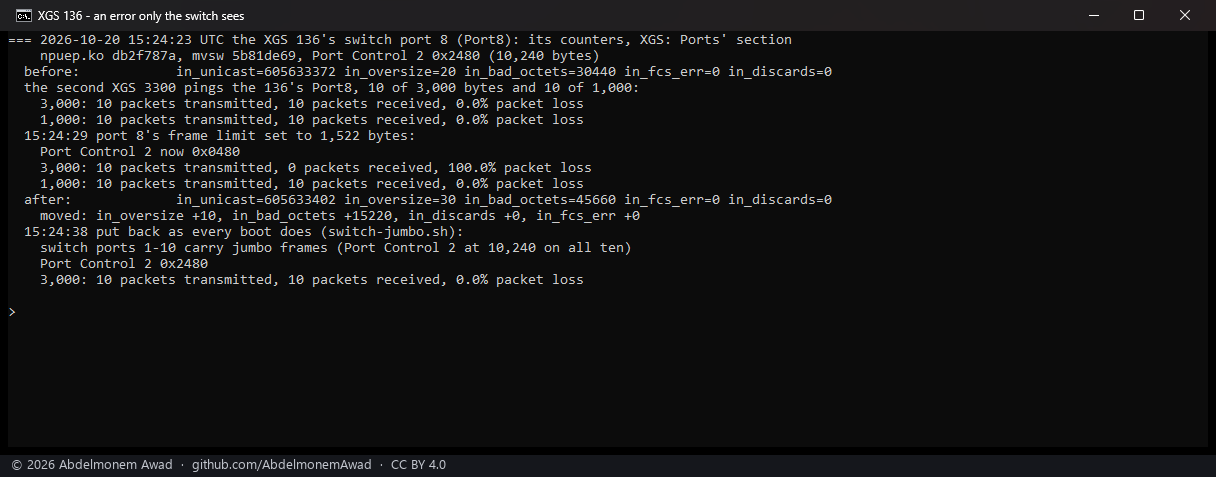 An error only the switch sees: port 8's frame limit at 1,522 bytes, ten frames of 3,042 bytes lost and counted as too long, the limit put back