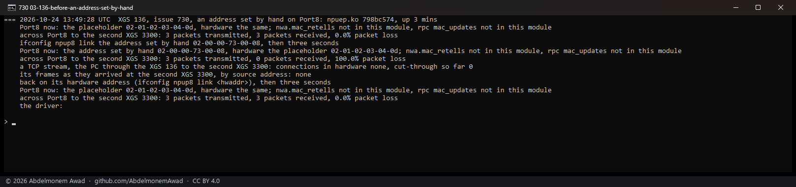 Before: Port8 given an address by hand - no ping across it, no stream; back on its hardware address, the ping again