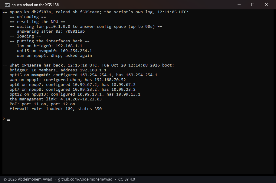 A reload of npuep.ko on the XGS 136: the script's own log, then the bridge with its 10 members and address, every interface's address and the management link back