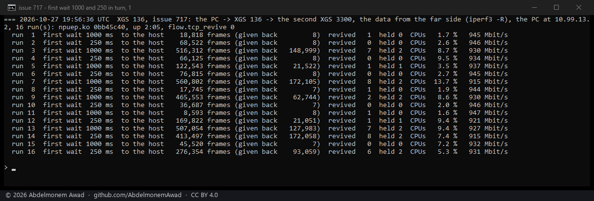 Sixteen runs, flow.remake_wait_ms 1000 and 250 in turn: 8,593 to 560,802 frames to the host at 1000, 17,745 to 413,497 at 250, 915 to 947 Mbit/s