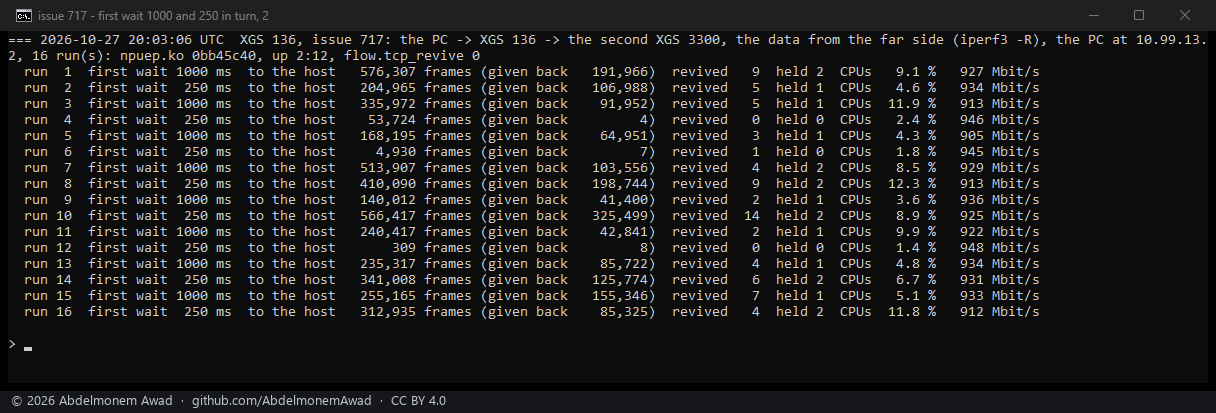 Sixteen more, the same: 140,012 to 576,307 frames to the host at 1000, 309 to 566,417 at 250, 905 to 948 Mbit/s