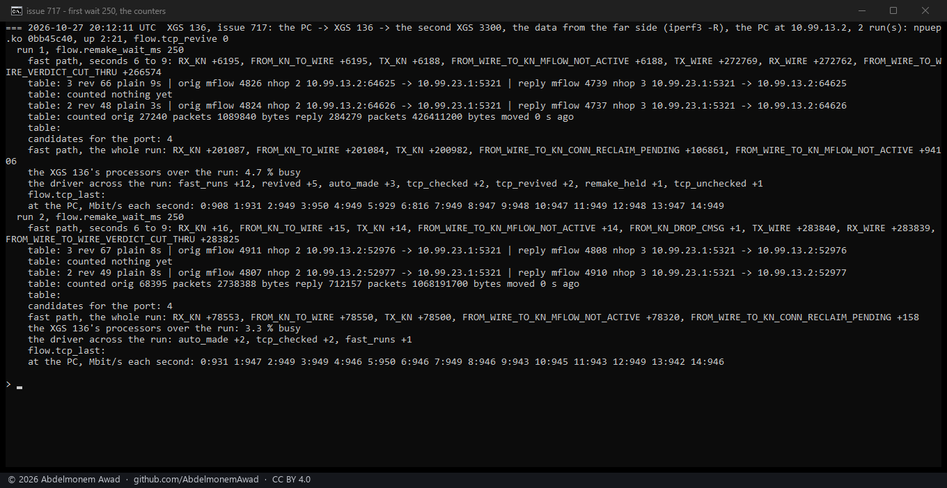 Two runs at 250 ms with every counter: the first 201,087 frames to the host - 106,861 given back, 94,106 for a connection not yet active - revived 5 times; the second 78,553, of which 78,320 not yet active and 158 given back, revived never