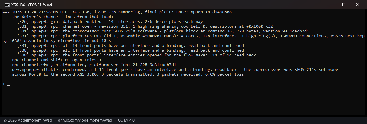On the XGS 136, npuep.ko d949a608: the platform block at command 36, 228 bytes, version 9a31cacb7d1 - SFOS 21's software; all fourteen front ports confirmed; a ping across Port8 to the second XGS 3300 answered
