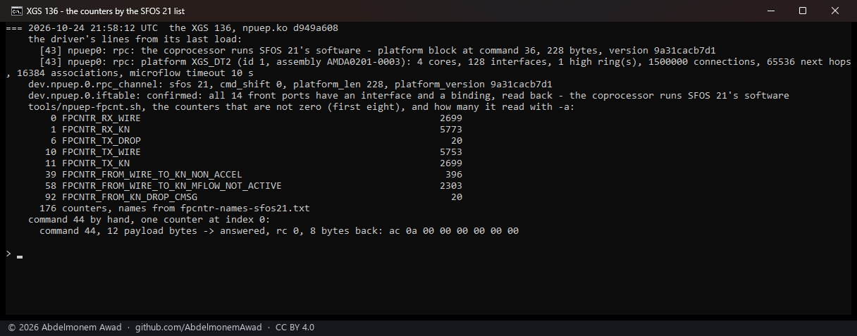 On the XGS 136: tools/npuep-fpcnt.sh picks the SFOS 21 list by itself and reads 176 counters; command 44 sent by hand answers as before
