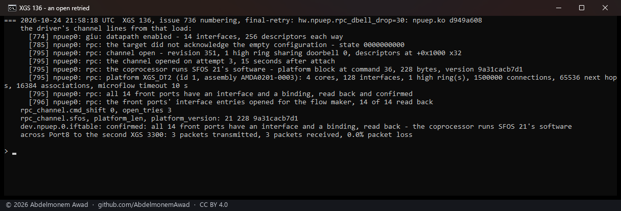 On the XGS 136 with hw.npuep.rpc_dbell_drop=30: the empty configuration not acknowledged, the channel opened on attempt 3, 15 seconds after attach; SFOS 21 found, all fourteen ports confirmed