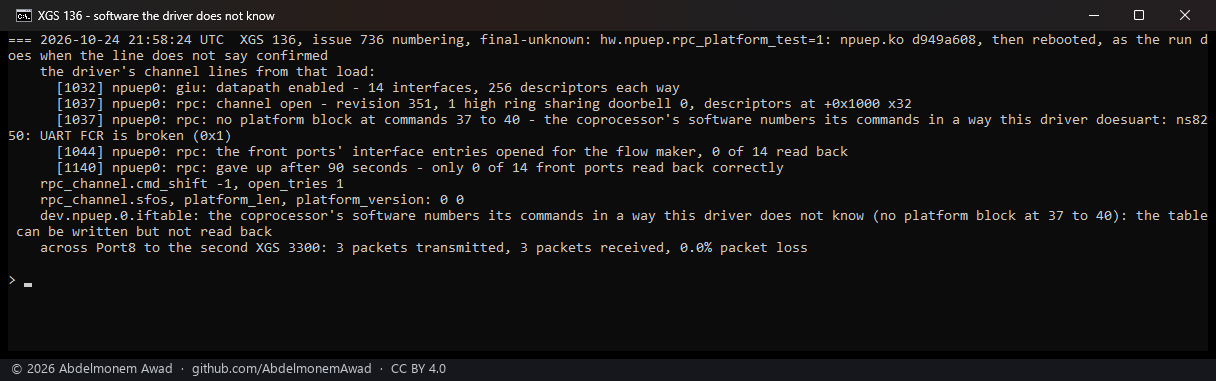 On the XGS 136 with hw.npuep.rpc_platform_test=1: no platform block at commands 37 to 40, cmd_shift -1, sfos 0; the table written but not read back; a ping across Port8 to the second XGS 3300 still answered