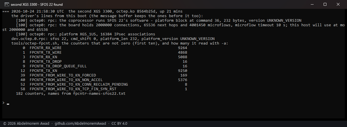 On the second XGS 3300, octep.ko 8564b25d: the platform block at command 36, 232 bytes, UNKNOWN_VERSION - SFOS 22's software; num_mflows 4,001,450 read from offset 224; tools/octep-fpcnt.sh read 182 counters by the SFOS 22 list