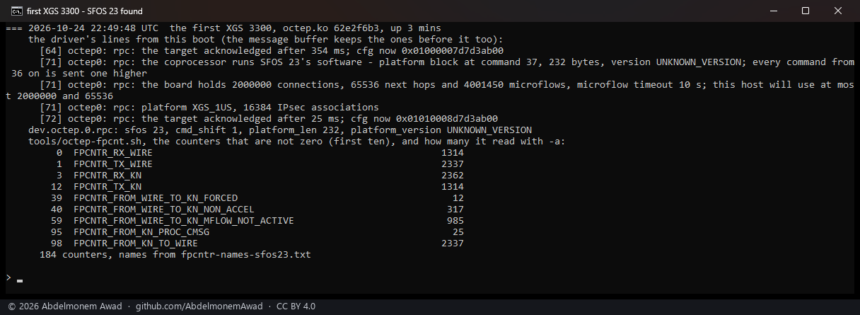 On the first XGS 3300, octep.ko 62e2f6b3: the platform block at command 37, 232 bytes, UNKNOWN_VERSION - SFOS 23's software, every command from 36 on sent one higher; num_mflows 4,001,450; the high ring configured; tools/octep-fpcnt.sh read 184 counters by the SFOS 23 list