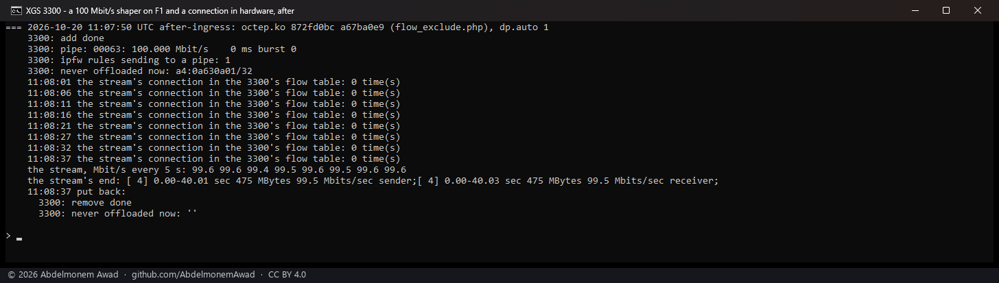 After: the same shaper, the stream with the host at 99.5 Mbit/s