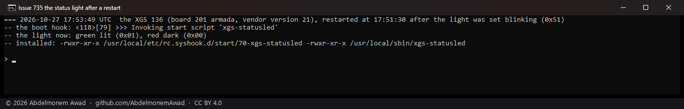 The XGS 136 restarted at 17:51:30 after its light was set blinking: the start hook xgs-statusled run 79 s into the boot, the light read lit green (0x01), the tool and the hook installed