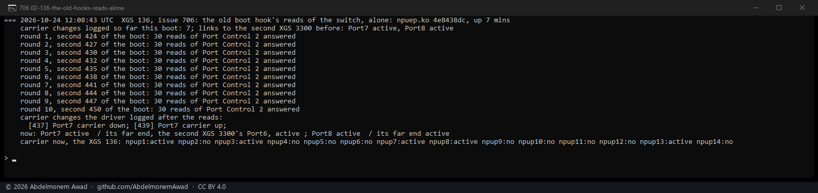 The old hook's reads alone: 300 reads, Port7 reported down for two seconds while its far end stayed up
