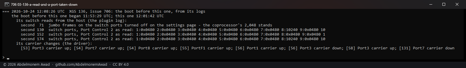 The boot before: a read of the switch at second 130, Port7 reported down at second 131