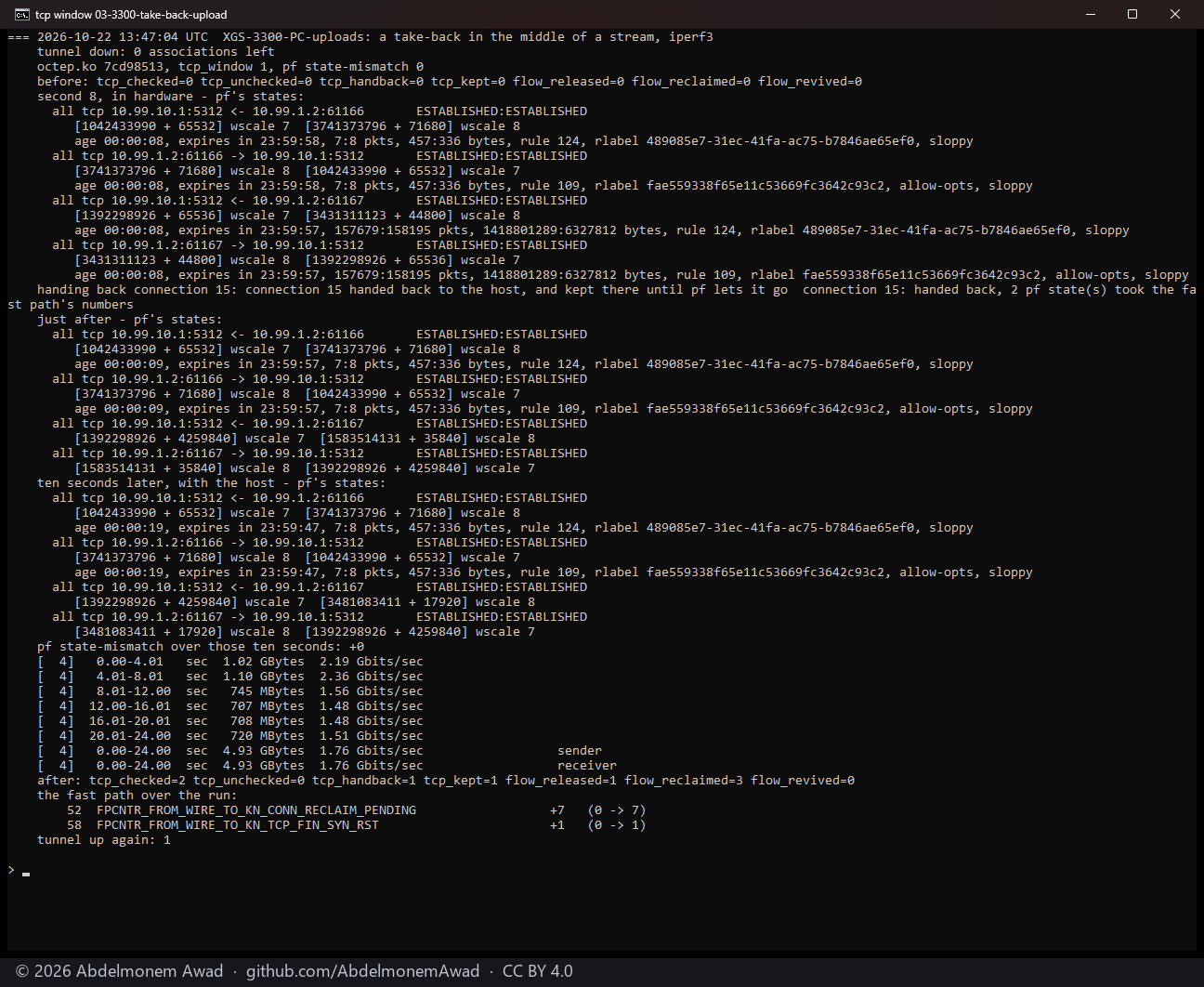 XGS 3300, the PC uploading: the stream's connection handed back at second 8; pf's two states for it lose their sloppy mark and take the fast path's numbers, and ten seconds later have moved on, state-mismatch +0; 1.76 Gbit/s