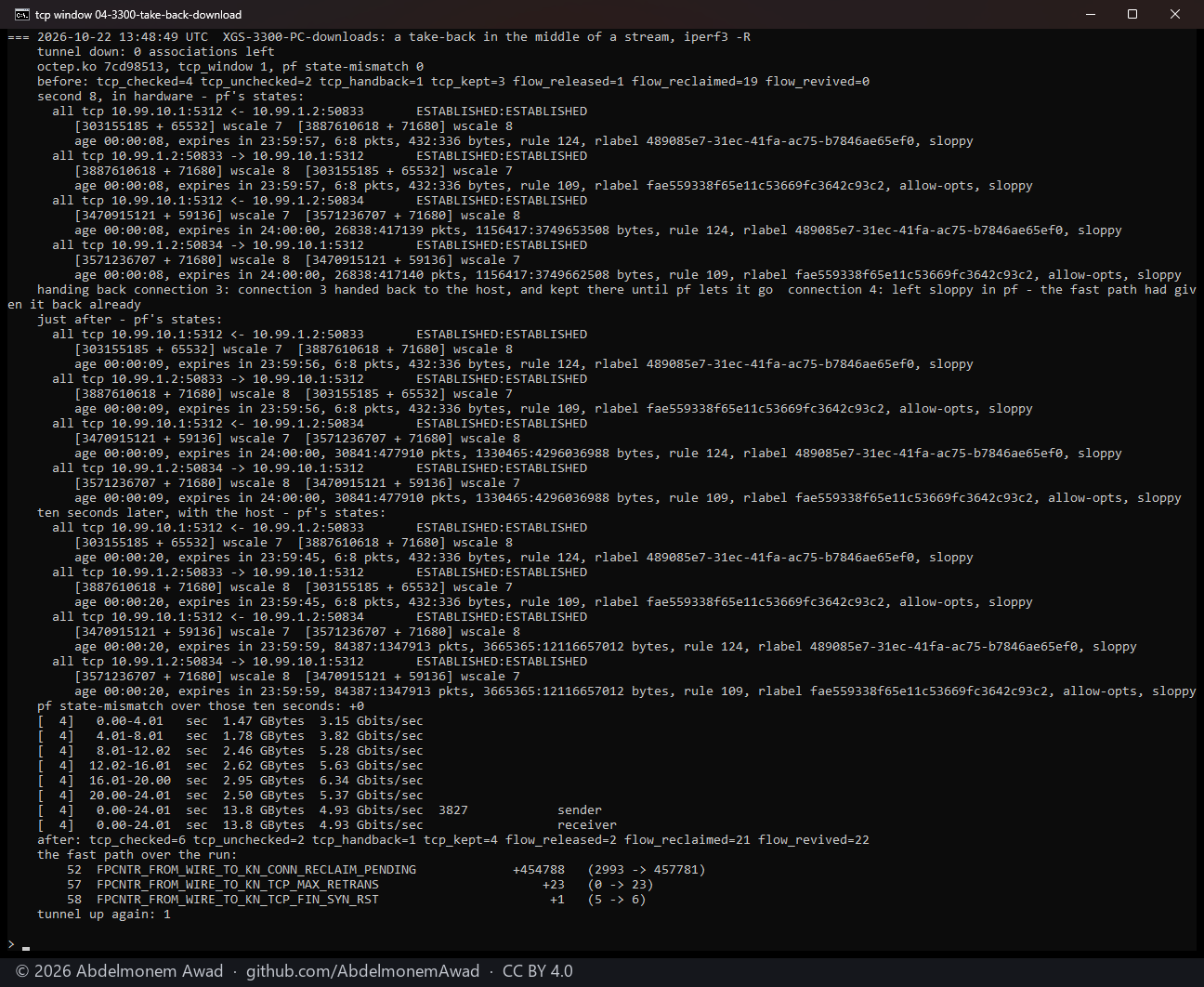 XGS 3300, the PC downloading: the connection had been given back and revived unchecked before second 8 (TCP_MAX_RETRANS), so pf's states stay sloppy; state-mismatch +0