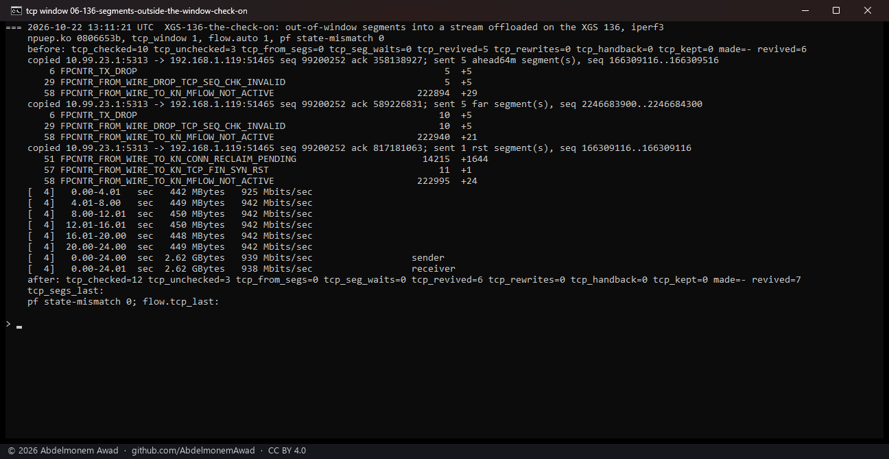 XGS 136, npuep.ko 0806653b, the check on: 5 and 5 dropped, FROM_WIRE_DROP_TCP_SEQ_CHK_INVALID +5 each time; the RST handed to the host; 938 Mbit/s