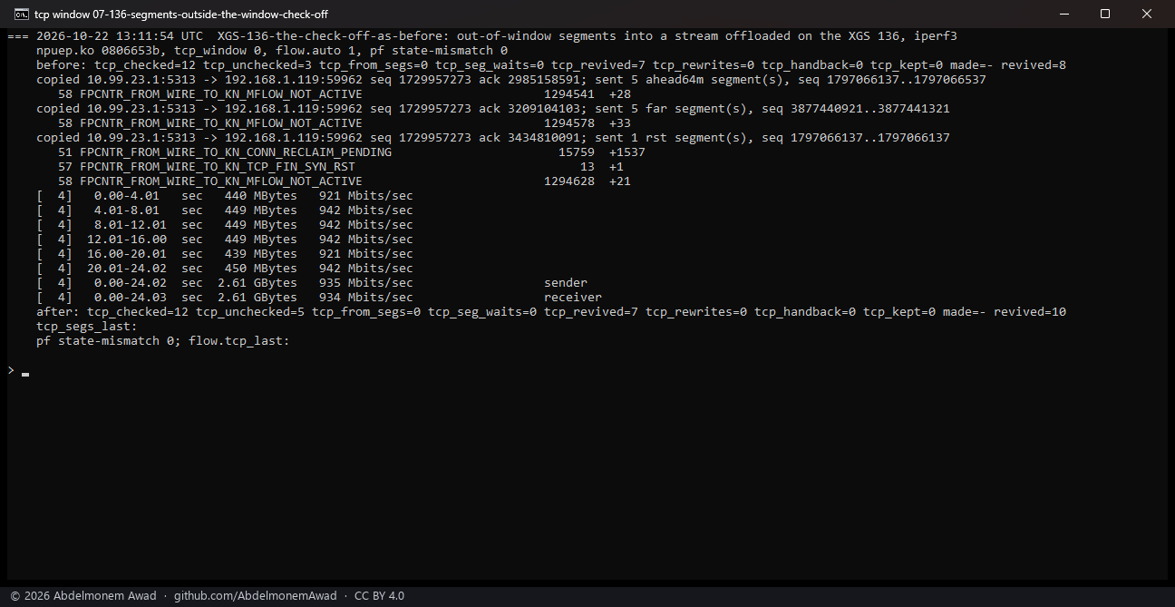 XGS 136, the check off: none dropped, 934 Mbit/s