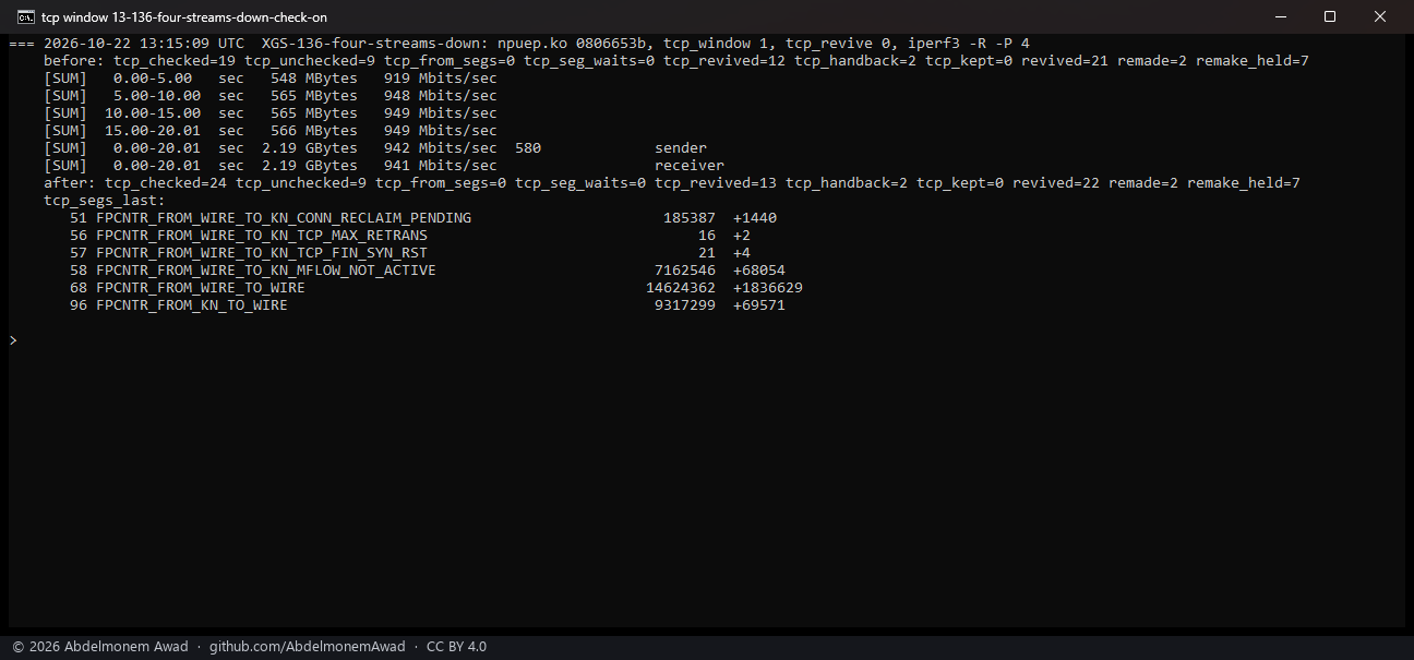 XGS 136, four streams down, the check on: 941 Mbit/s, no segment dropped by the check