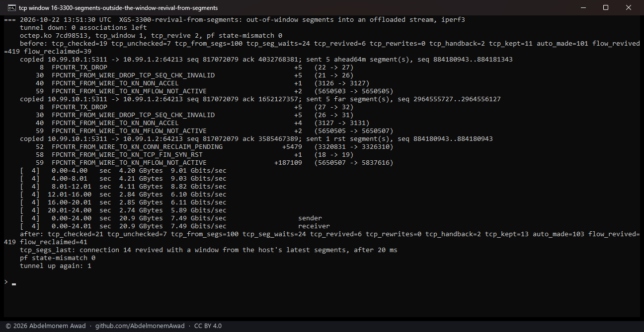 XGS 3300, tcp_revive 2, segments outside the window: 5 and 5 dropped - in a run in which the connection was not given back before them