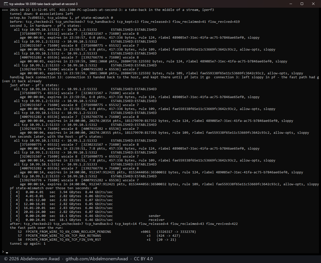 XGS 3300, uploading, the take-back at second 3: the connection had been revived unchecked already, left sloppy, state-mismatch +0
