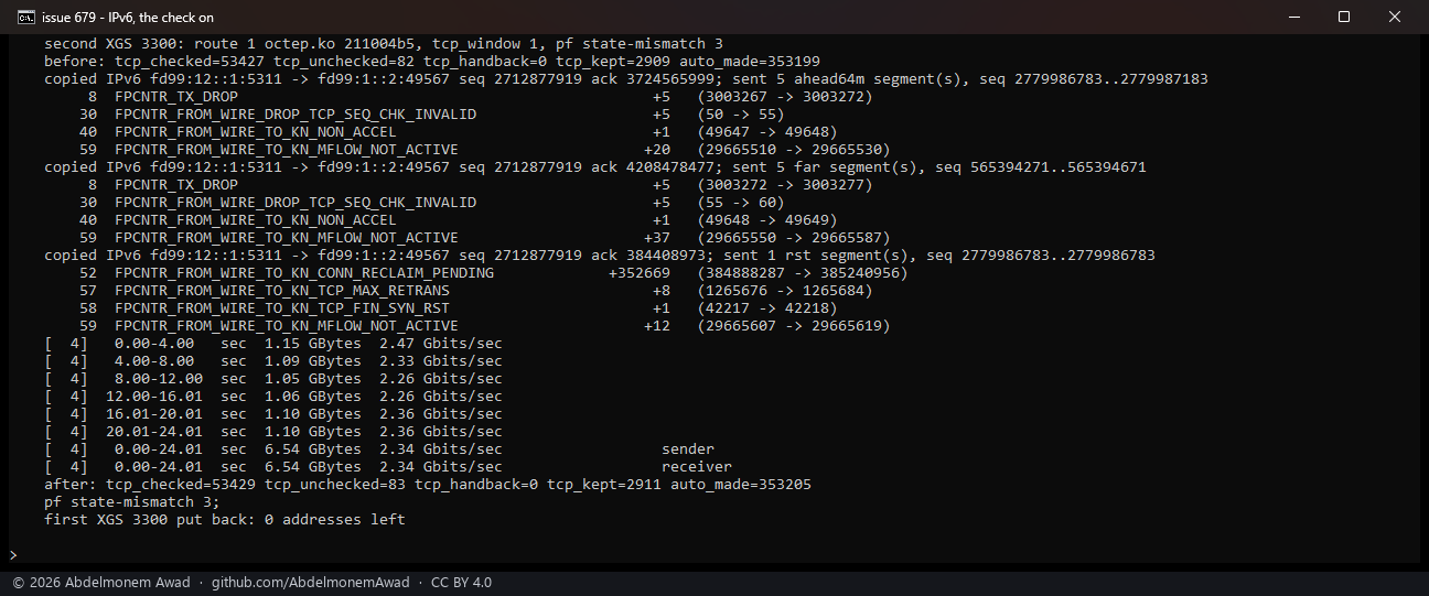 IPv6, the check on: five segments 64 MiB ahead and five 2 GiB ahead each counted FROM_WIRE_DROP_TCP_SEQ_CHK_INVALID +5 and TX_DROP +5; the RST handed to the host, TCP_FIN_SYN_RST +1, and the connection given back