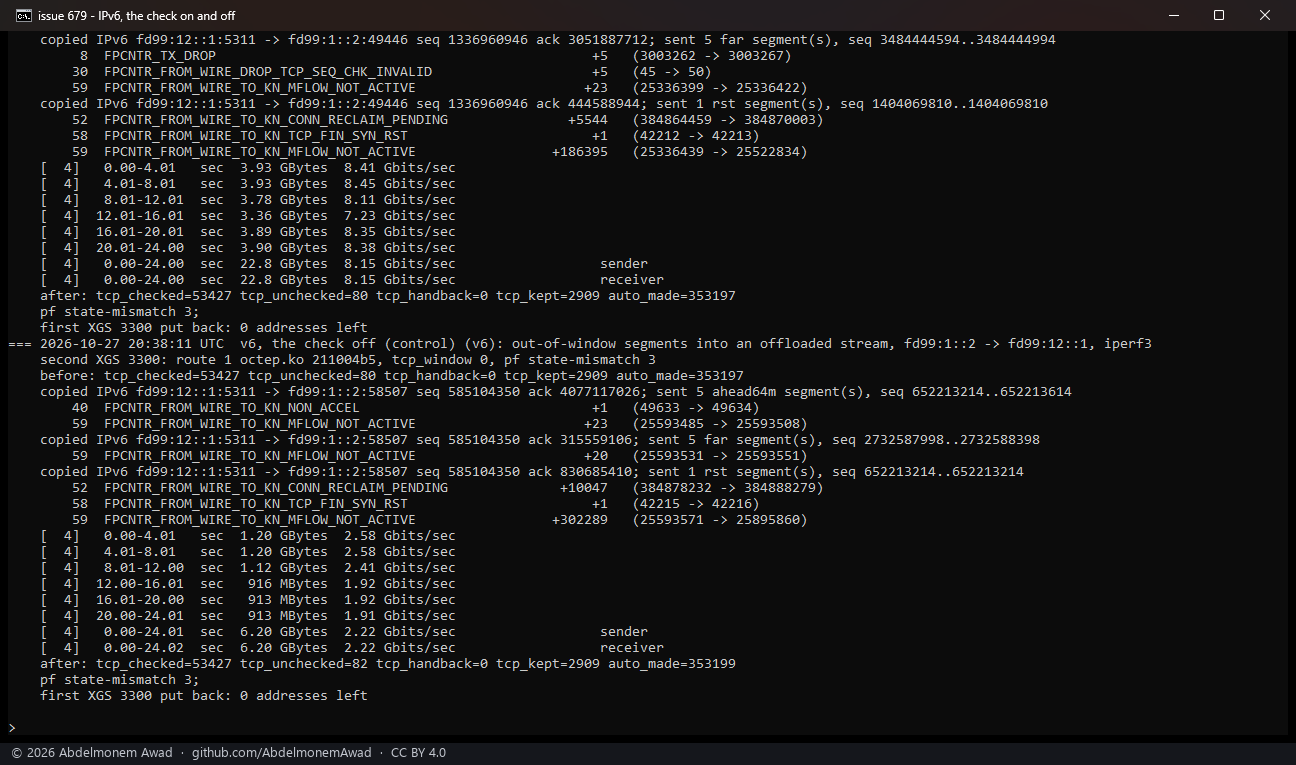 IPv6, the check off: none of the eleven dropped; the RST handed to the host