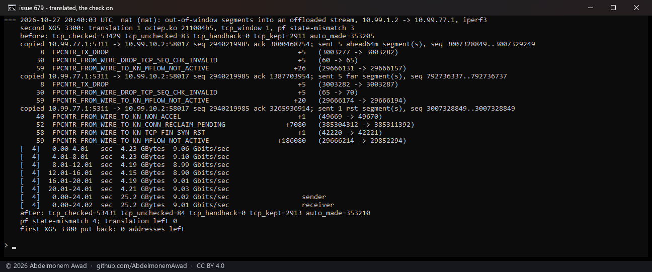 Translated, the check on: 5 and 5 dropped, FROM_WIRE_DROP_TCP_SEQ_CHK_INVALID +5 each time; the RST handed to the host, and pf's state-mismatch count up by one; 9.01 Gbit/s