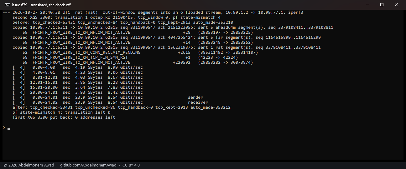 Translated, the check off: none dropped; the RST handed to the host; 8.54 Gbit/s