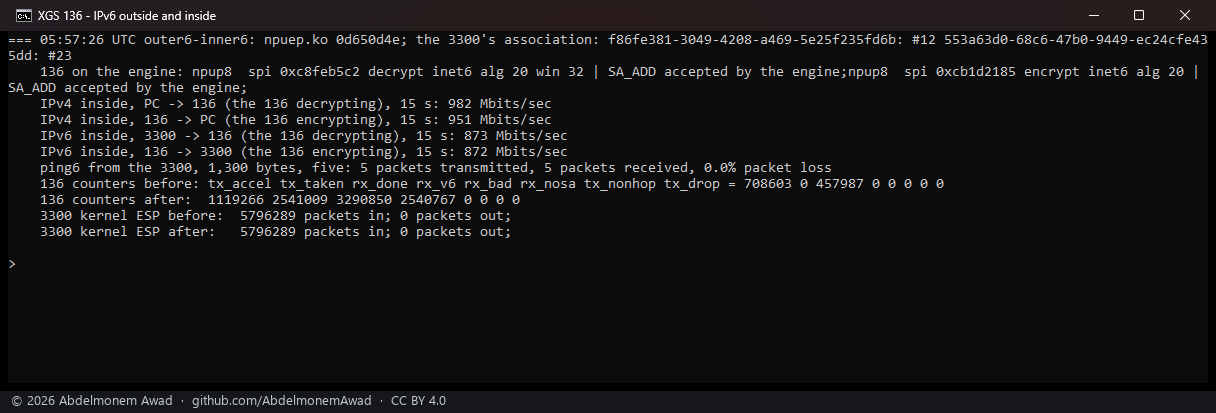 IPv6 outside and inside: 873 and 872 with IPv6 inside, rx_v6 counting