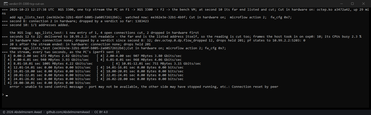 XGS 3300, TCP, Cut in hardware on: 2 connections dropped in hardware first, 32 dropped on the coprocessor, 10 frames to the host, the stream at 0 from second 12
