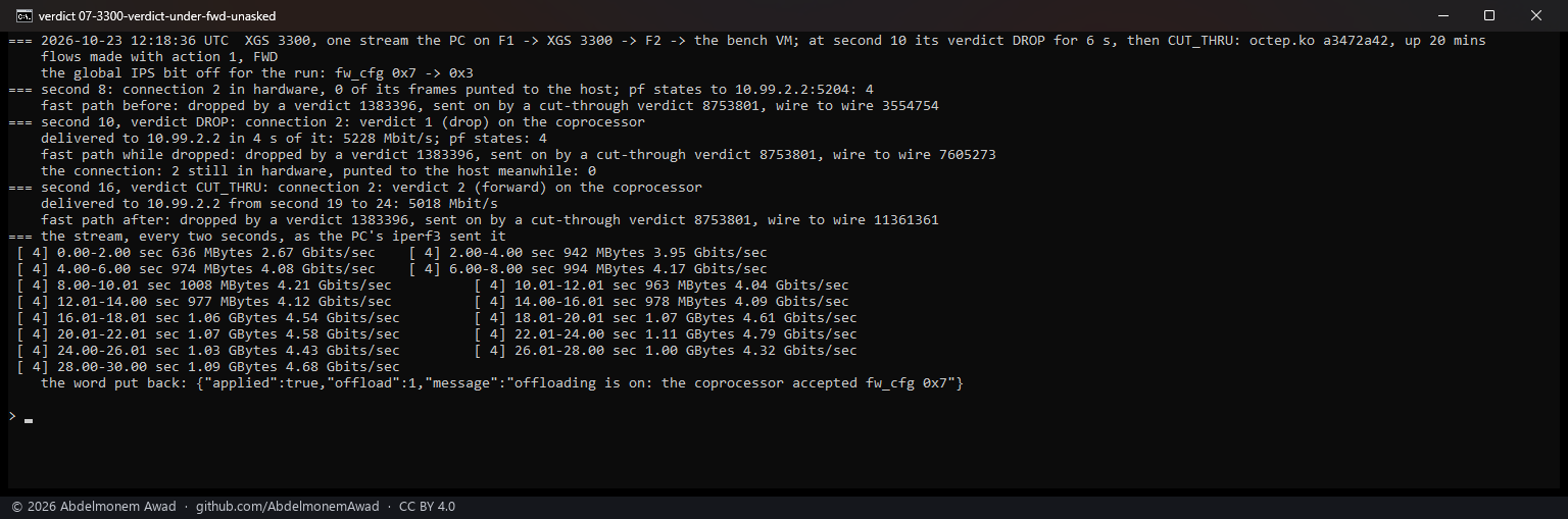 XGS 3300, flows made FWD with the IPS switch off: the verdict set to DROP and the stream going on at 5,228 Mbit/s - the fast path never asks