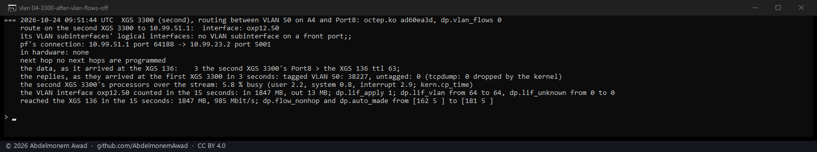 After, dp.vlan_flows 0: the VLAN's entry switched off, the host routes the connection, the VLAN still carrying it