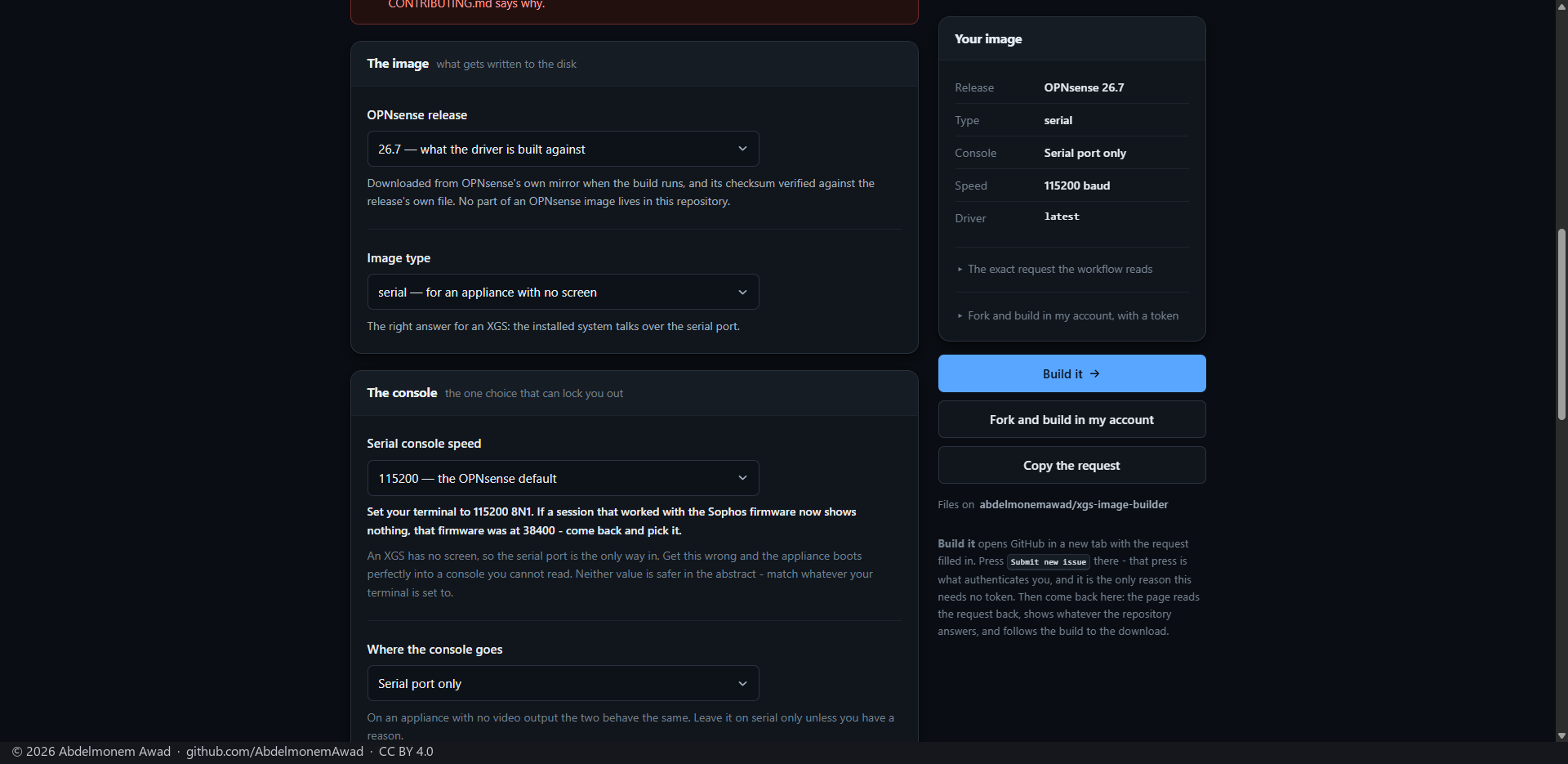 The image builder's form: the release, the image type and the console - English