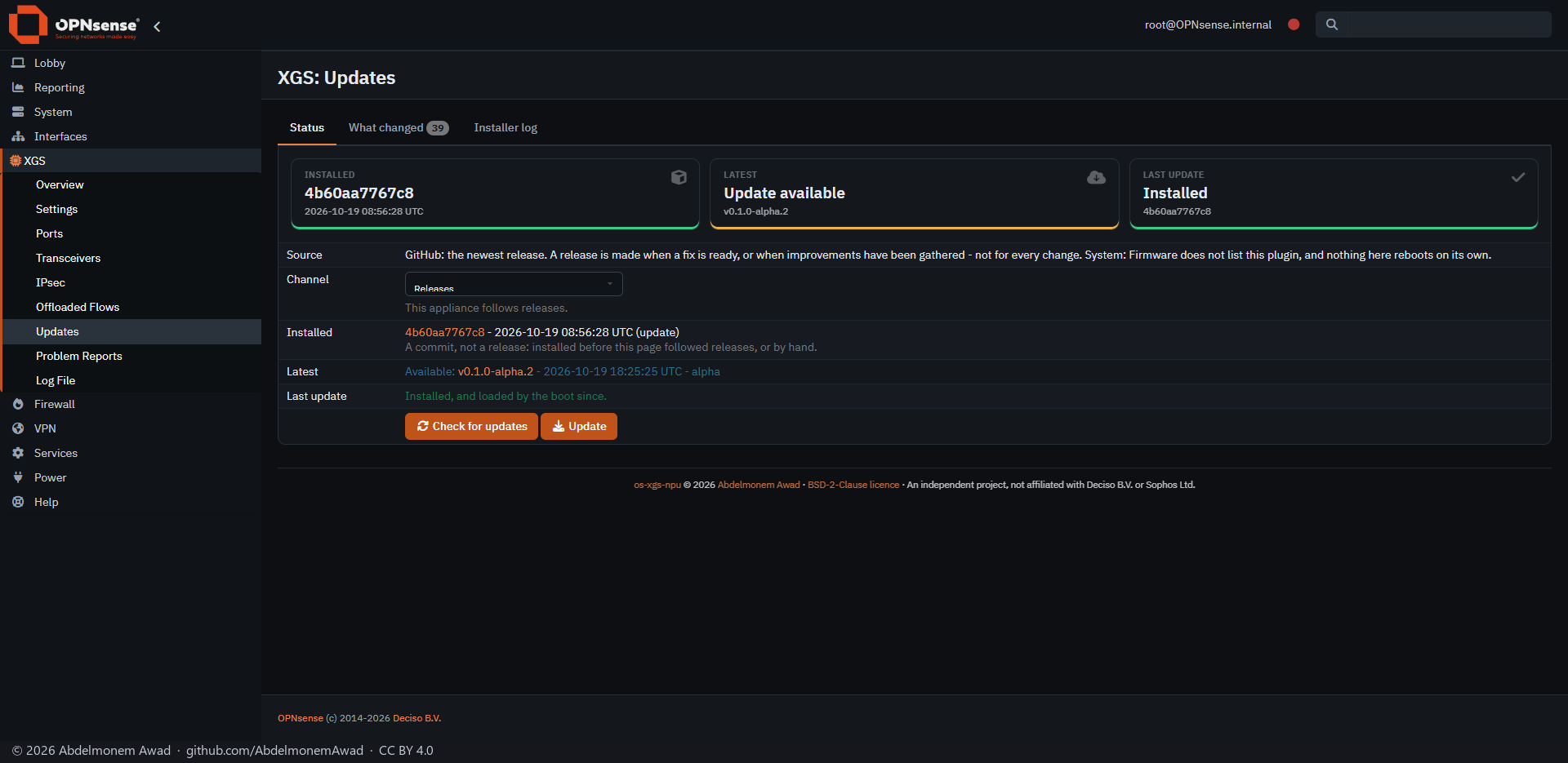 The XGS 136: installed a commit from main, v0.1.0-alpha.2 offered