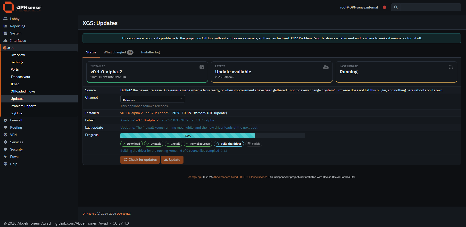 73 %: building the driver, 6 of 9 source files compiled